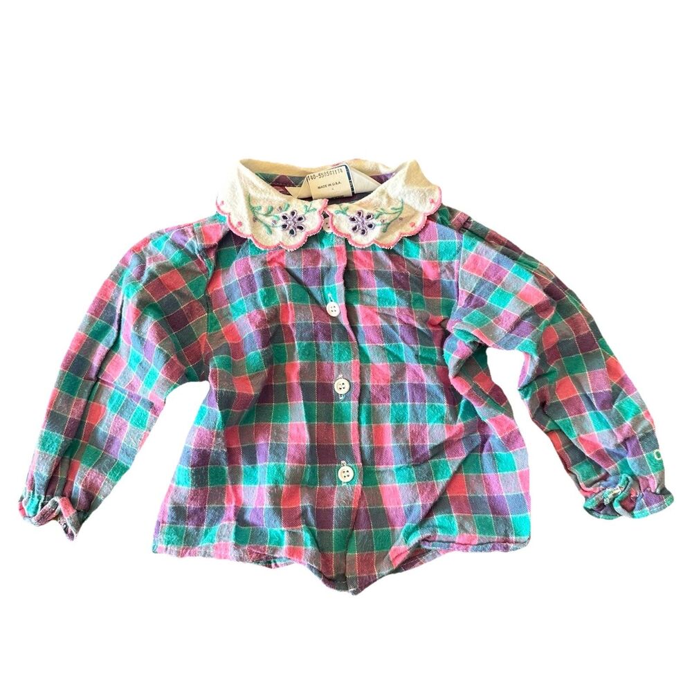 Vintage OshKosh B'Gosh Size 18 Months Plaid Shirt Flower Collar USA Made Pink
